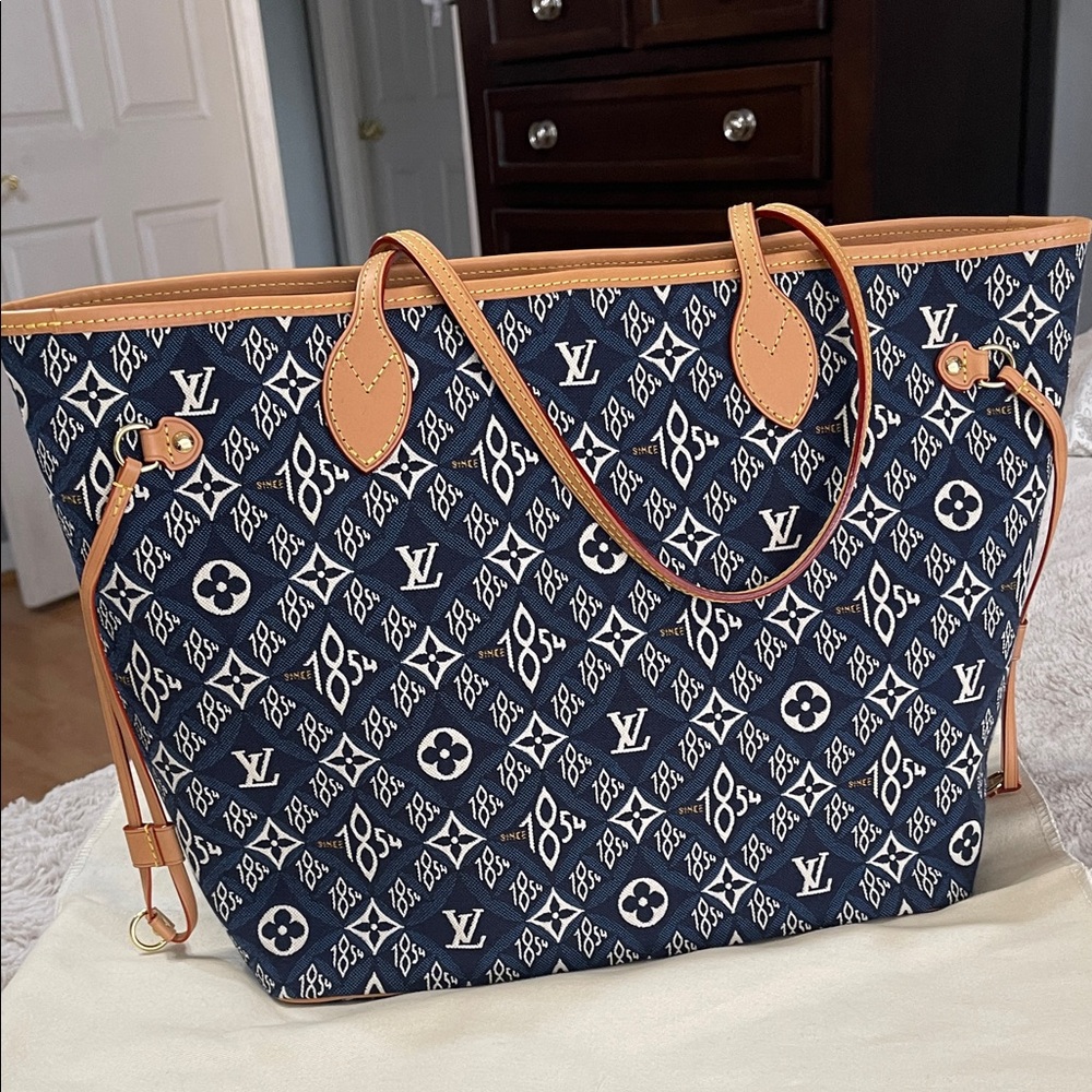 Louis Vuitton Monogram Neverfull Navy and Tan Tote Denim